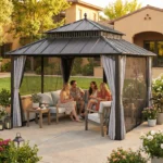 SUNJOY Kingston 12×12 Gazebo with Netting & Curtain | Steel Roof with Extra-Tall & Oversized Vent Top – Brown Aluminum Posts