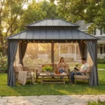 SUNJOY Kingston 12×14 Gazebo with Netting & Curtain | Steel Roof with Extra-Tall & Oversized Vent Top – Gray Aluminum Posts