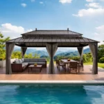 SUNJOY Kingston 12×20 Gazebo with Netting & Curtain | Steel Roof with Extra-Tall & Oversized Vent Top – Brown Aluminum Posts