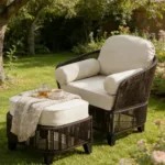 SUNJOY allen + roth Ashford Rattan Brown Steel Frame Stationary Conversation Chair with Cream Cushioned Seat