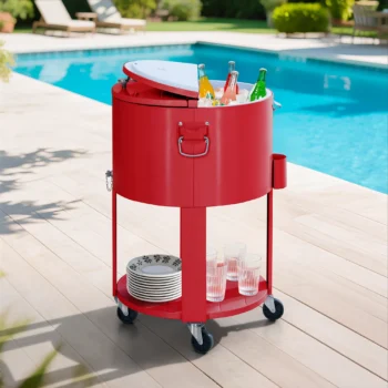 Bright red Sunjoy 60 Quart Rolling Cooler cart filled with ice and drinks sitting on a wooden outdoor deck, showcasing the bottle opener and lower shelf.