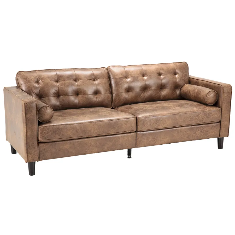 AECOJOY Faux Leather Sofa, 84.2-Inch Mid Century Modern 3-Seater Couch with 2 Bolster Pillows