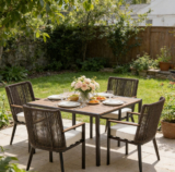SUNJOY allen + roth Ashford 5 -Piece Brown Wicker Patio Dining Set Steel Square Table with 4 Cream Cushions Stationary Chairs
