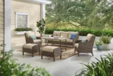 Windsor 6-Piece Brown Wicker Outdoor Patio Conversation Seating Set with Cushion Guard Biscuit Tan Cushions