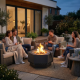 SUNJOY 28 Inch Hexagon Stainless Steel Smokeless Fire Pit with PVC Cover and Poker – Triangle Pattern & Gray