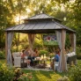 SUNJOY Kingston 12×12 Gazebo with Netting & Curtain | Steel Roof with Extra-Tall & Oversized Vent Top – Woodgrain Aluminum Posts